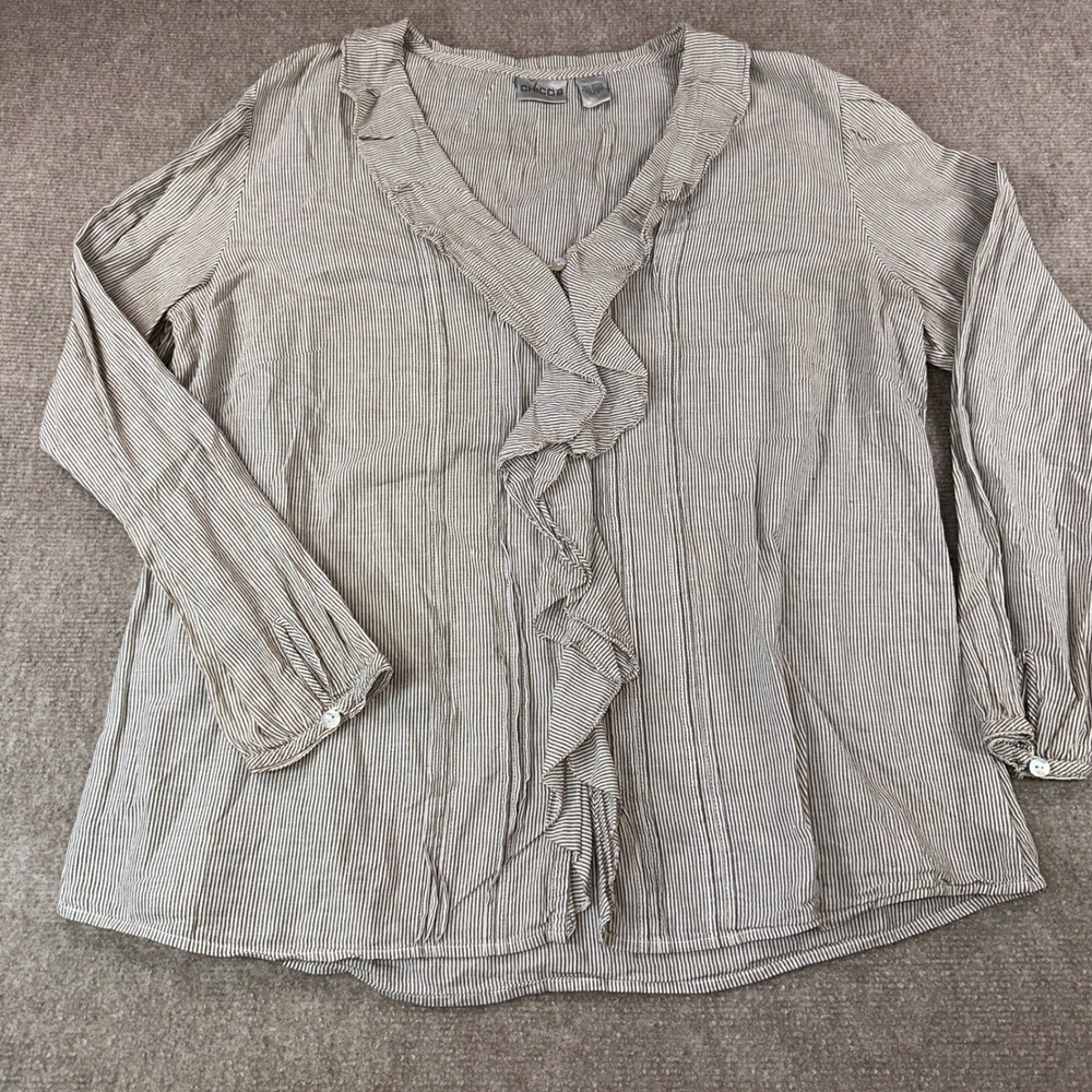 Chicos Womens Size 3 Romantic Tan White Striped Ruffle V-Neck Cotton Blouse Top